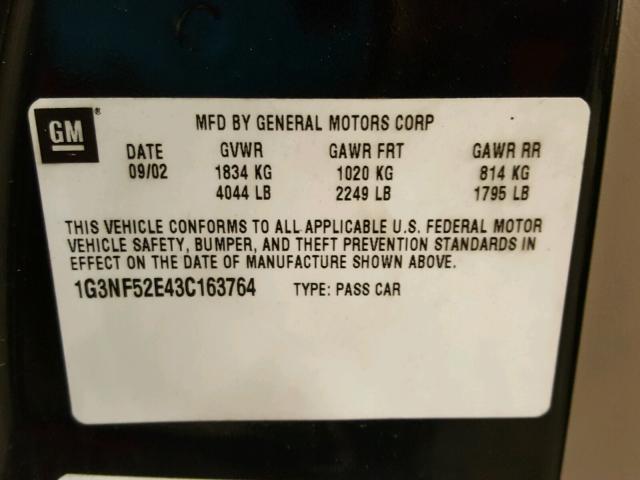 1G3NF52E43C163764 - 2003 OLDSMOBILE ALERO GLS 黑色 照片 10