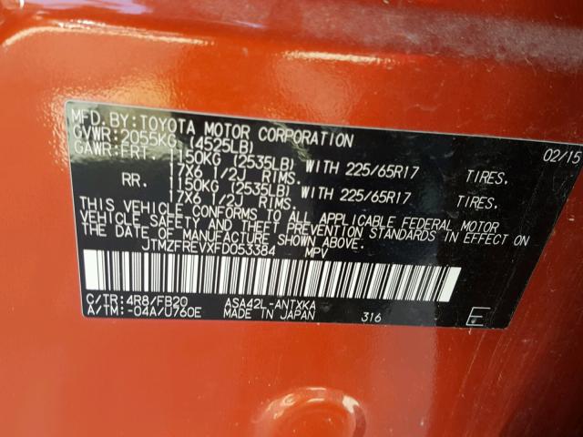 JTMZFREVXFD053384 - 2015 TOYOTA RAV4 LE ORANGE photo 10