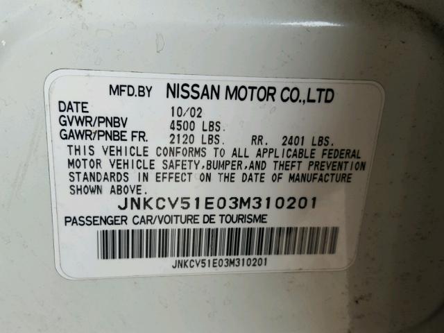 JNKCV51E03M310201 - 2003 INFINITI G35 WHITE photo 10