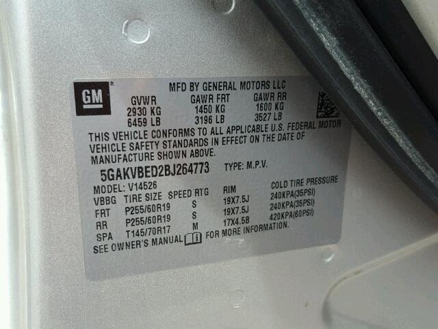 5GAKVBED2BJ264773 - 2011 BUICK ENCLAVE CX SILVER photo 10