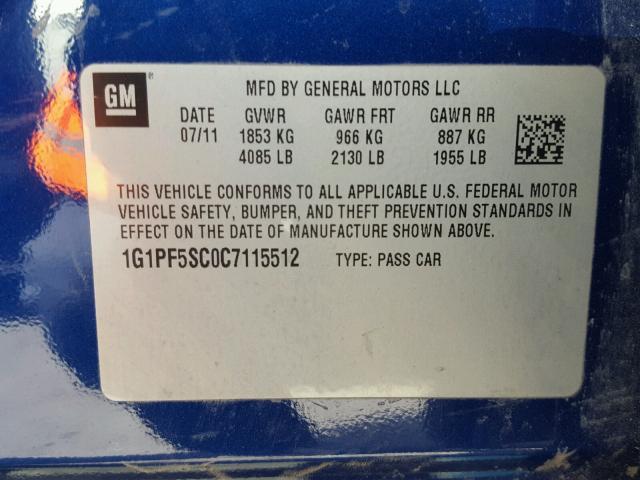 1G1PF5SC0C7115512 - 2012 CHEVROLET CRUZE LT BLUE photo 10