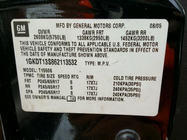 1GKDT13S862113532 - 2006 GMC ENVOY BLACK photo 10