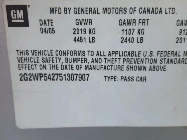 2G2WP542751307907 - 2005 PONTIAC GRAND PRIX ვერცხლისფერი ფოტო 10