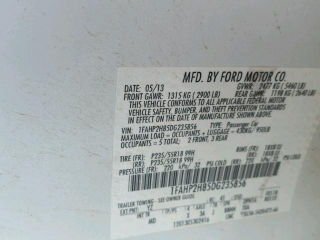 1FAHP2H85DG235856 - 2013 FORD TAURUS SEL WHITE photo 10