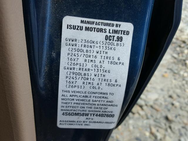 4S6DM58W1Y4402600 - 2000 HONDA PASSPORT E BLUE photo 10