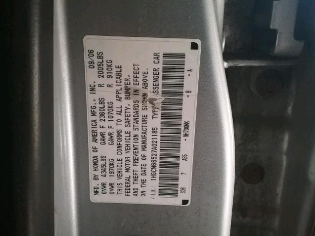 1HGCM66527A021185 - 2007 HONDA ACCORD EX SILVER photo 10