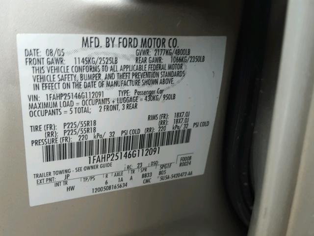 1FAHP25146G112091 - 2006 FORD FIVE HUNDR SILVER photo 10