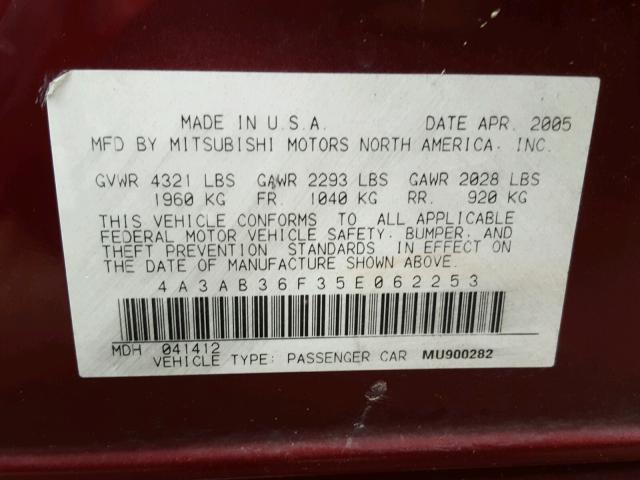 4A3AB36F35E062253 - 2005 MITSUBISHI GALANT ES RED photo 10