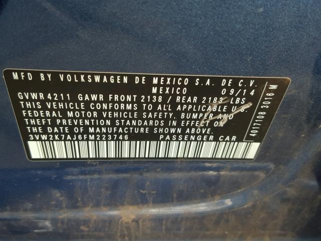 3VW2K7AJ6FM223746 - 2015 VOLKSWAGEN JETTA BASE Կապույտ լուսանկար 10