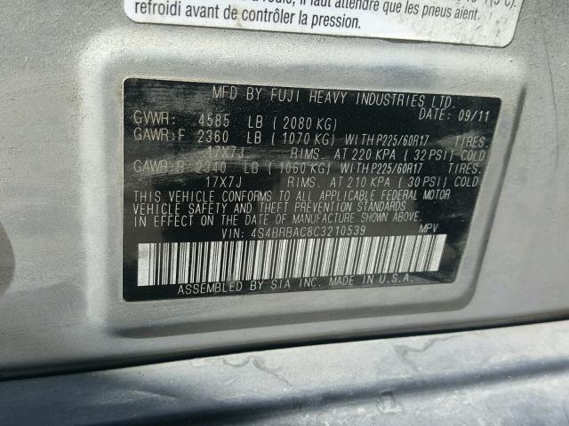 4S4BRBAC8C3210539 - 2012 SUBARU OUTBACK 2. SILVER photo 10