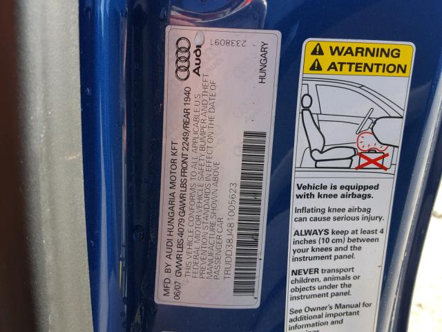 TRUDD38J481005623 - 2008 AUDI TT 3.2 QUA BLUE photo 10