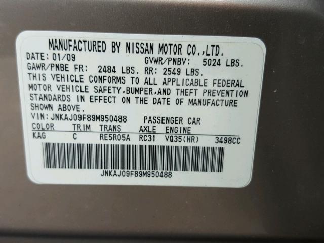 JNKAJ09F89M950488 - 2009 INFINITI EX35 BASE BEIGE photo 10