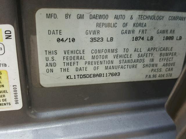 KL1TD5DE8AB117603 - 2010 CHEVROLET AVEO LS GRAY photo 10