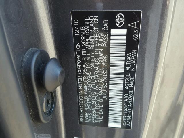 JTKJF5C7XB3017598 - 2011 TOYOTA SCION TC 石墨色 照片 10