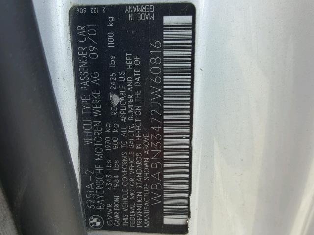 WBABN33472JW60816 - 2002 BMW 325 CI SILVER photo 10