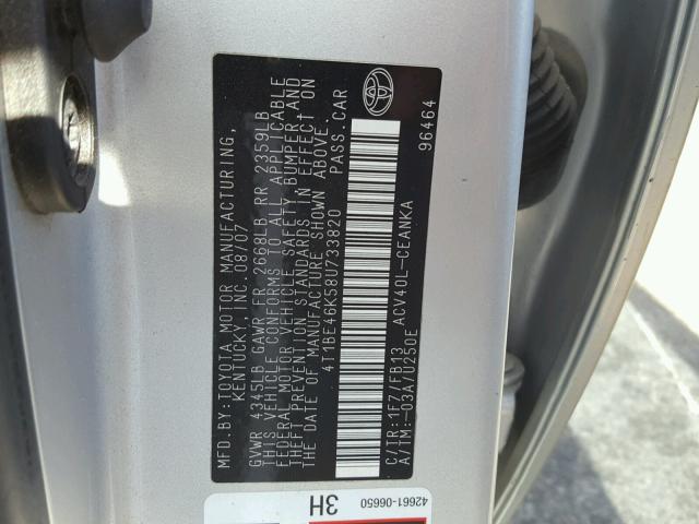 4T1BE46K58U733820 - 2008 TOYOTA CAMRY CE SILVER photo 10