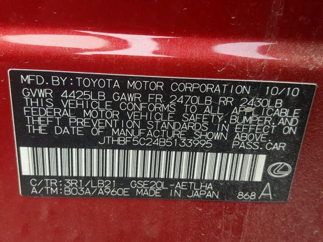 JTHBF5C24B5133995 - 2011 LEXUS IS 250 RED photo 10