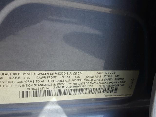 3VWJM71K88M162224 - 2008 VOLKSWAGEN JETTA S CHARCOAL photo 10