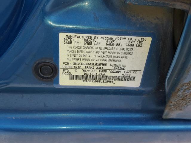 3N1CB51D83L812985 - 2003 NISSAN SENTRA XE BLUE photo 10