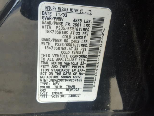 JN8AZ08T94W207485 - 2004 NISSAN MURANO SL BLACK photo 10