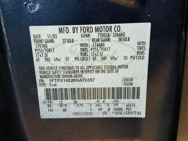 1FTPX14526NA70357 - 2006 FORD F150 Niebieski zdjęcie 10