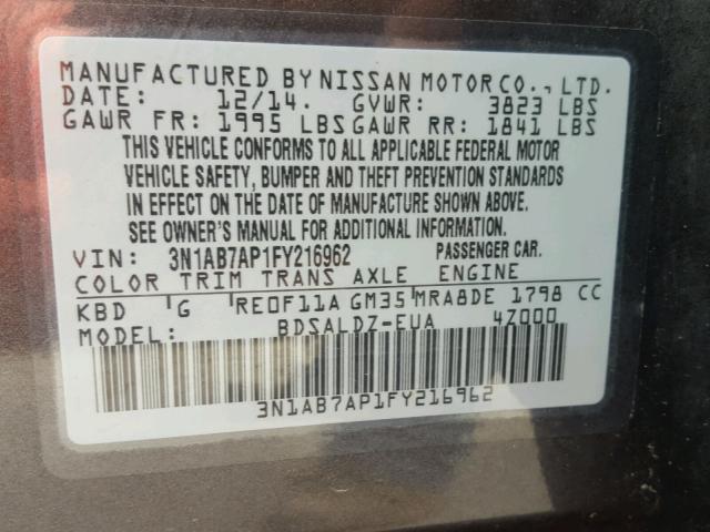 3N1AB7AP1FY216962 - 2015 NISSAN SENTRA S GRAY photo 10