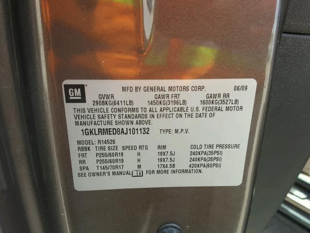 1GKLRMED8AJ101132 - 2010 GMC ACADIA SLT ყავისფერი ფოტო 10