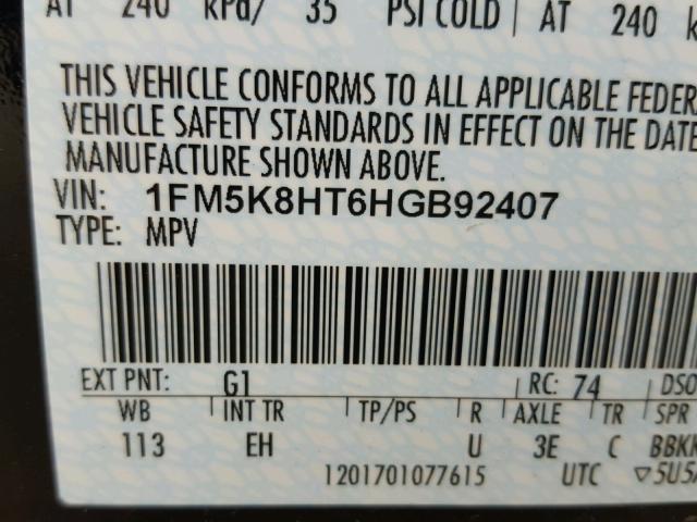 1FM5K8HT6HGB92407 - 2017 FORD EXPLORER P BLACK photo 10