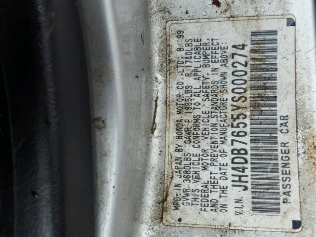 JH4DB7655YS000274 - 2000 ACURA INTEGRA LS GRAY photo 10