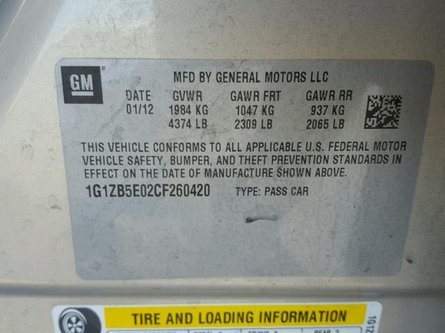 1G1ZB5E02CF260420 - 2012 CHEVROLET MALIBU LS 金色 照片 10