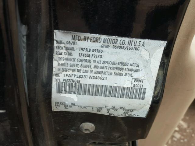 1FAFP38381W348624 - 2001 FORD FOCUS ZTS BLACK photo 10