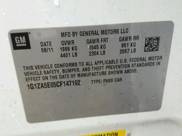 1G1ZA5E05CF147192 - 2012 CHEVROLET MALIBU LS თეთრი ფოტო 10