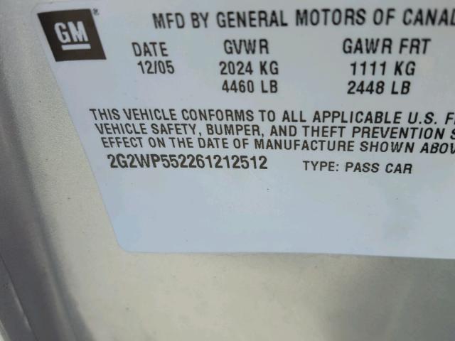 2G2WP552261212512 - 2006 PONTIAC GRAND PRIX SILVER photo 10