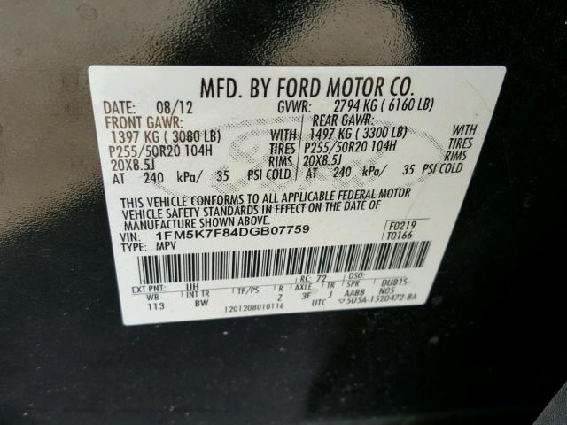 1FM5K7F84DGB07759 - 2013 FORD EXPLORER L BLACK photo 10