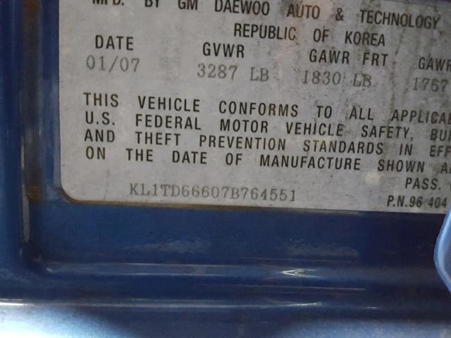 KL1TD66607B764551 - 2007 CHEVROLET AVEO BASE Mavi fotoğraf 10