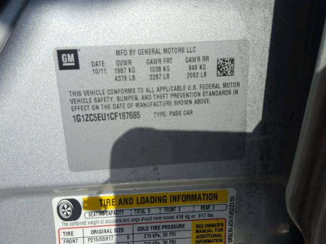 1G1ZC5EU1CF187685 - 2012 CHEVROLET MALIBU 1LT 银色 照片 10