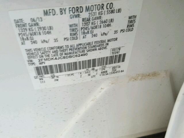 2FMDK4JC8DBC62490 - 2013 FORD EDGE SEL WHITE photo 10