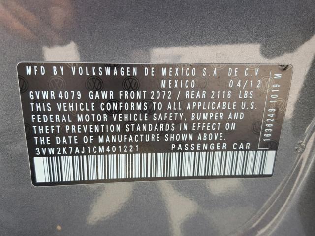 3VW2K7AJ1CM401221 - 2012 VOLKSWAGEN JETTA BASE 灰色 照片 10