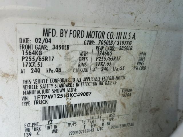 1FTPW12514KC49087 - 2004 FORD F150 SUPER WHITE photo 10