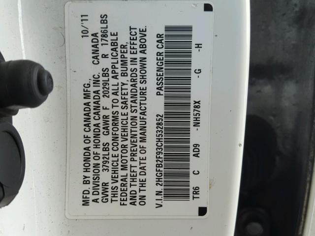 2HGFB2F93CH532852 - 2012 HONDA CIVIC EXL WHITE photo 10