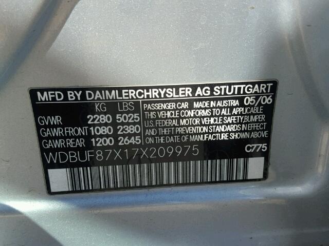 WDBUF87X17X209975 - 2007 MERCEDES-BENZ E SILVER photo 10