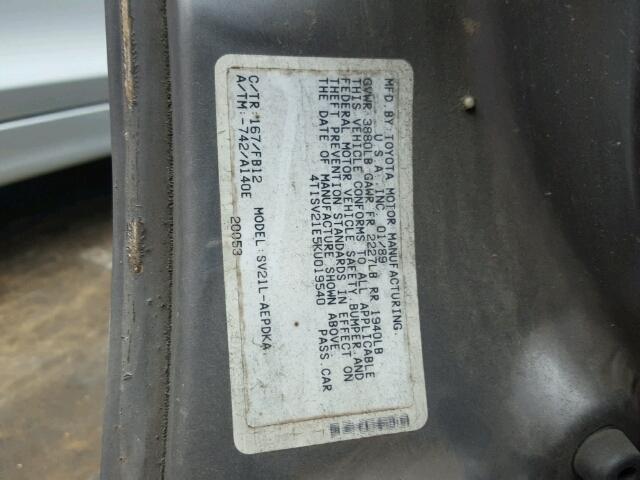 4T1SV21E5KU019540 - 1989 TOYOTA CAMRY DLX GRAY photo 10