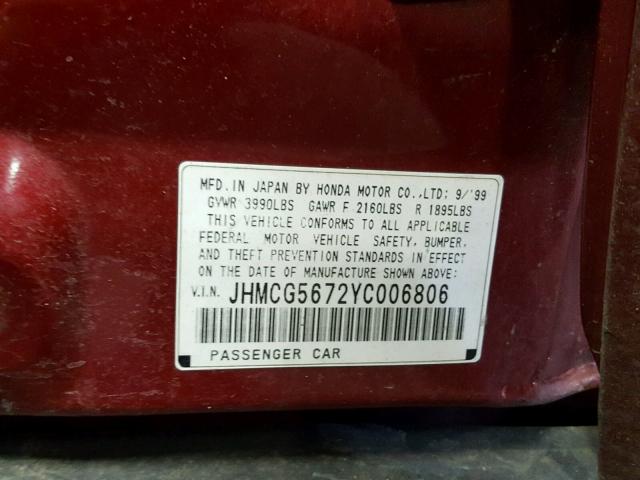 JHMCG5672YC006806 - 2000 HONDA ACCORD SE RED photo 10