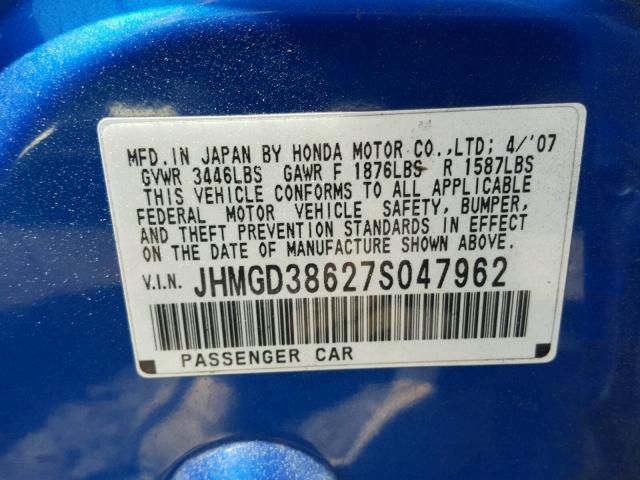 JHMGD38627S047962 - 2007 HONDA FIT S BLUE photo 10