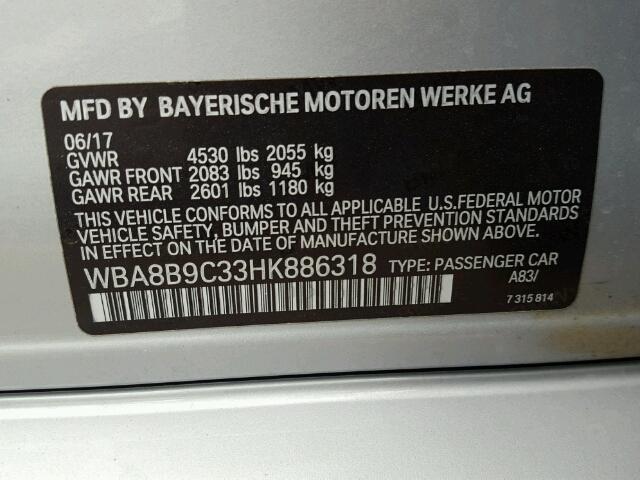 WBA8B9C33HK886318 - 2017 BMW 330 I SILVER photo 10