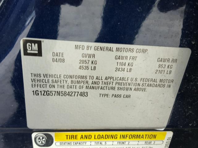 1G1ZG57N584277483 - 2008 CHEVROLET MALIBU LS BLUE photo 10