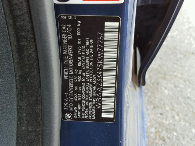 WBAAZ33475KW77257 - 2005 BMW 325 IS SUL BLUE photo 10