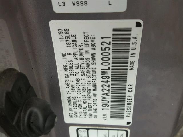 19UYA2249WL000521 - 1998 ACURA 3.0CL Күміс фото 10