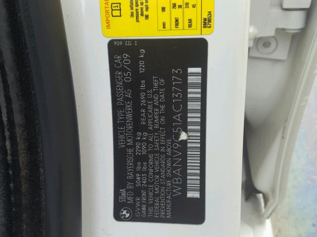 WBANV9C51AC137173 - 2010 BMW 535 XI WHITE photo 10