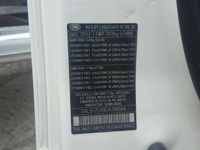 SALSF2D49DA768584 - 2013 LAND ROVER RANGE ROVE WHITE photo 10